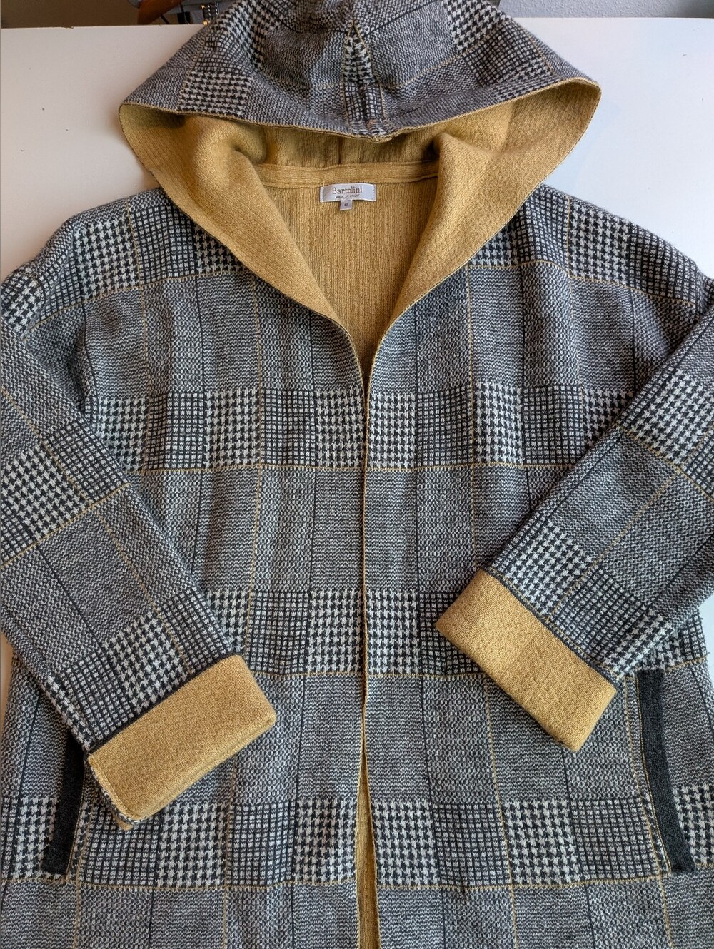 Bartolini Italy Wool Cashmere Plaid Hooded Sweater Coatigan S Grey Yellow